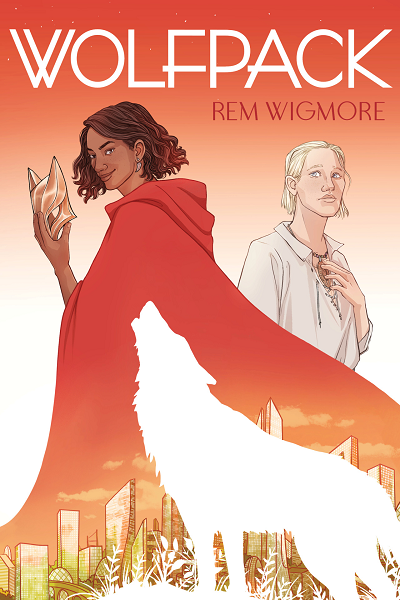 cover of Wolfpack has a brown skinned person in a long red cloak holding a fox mask, a white skinned person in a loose shirt, detail of a solarpunk plant filled city, and a whitespace wolf.