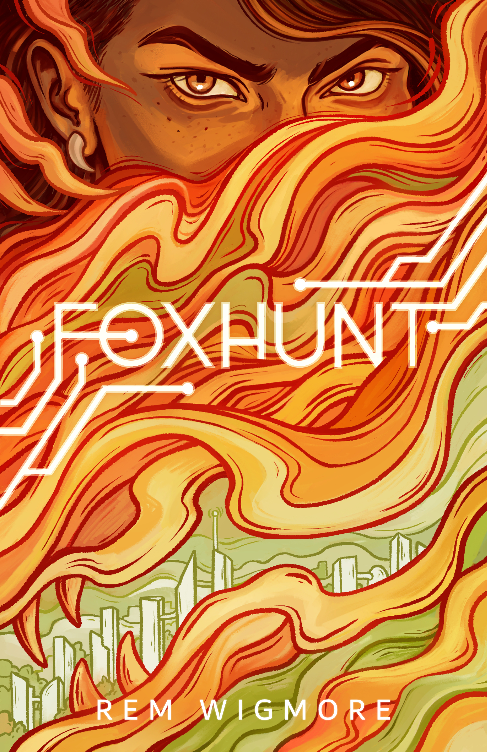 Cover of Foxhunt by Rem Wigmore - a woman with brown skin and eyes and an intense stare, with wisps of smoke like claws framing her face and a fang earring, above swirls of red and green smoke, like a mouth, enclosing a solarpunk city