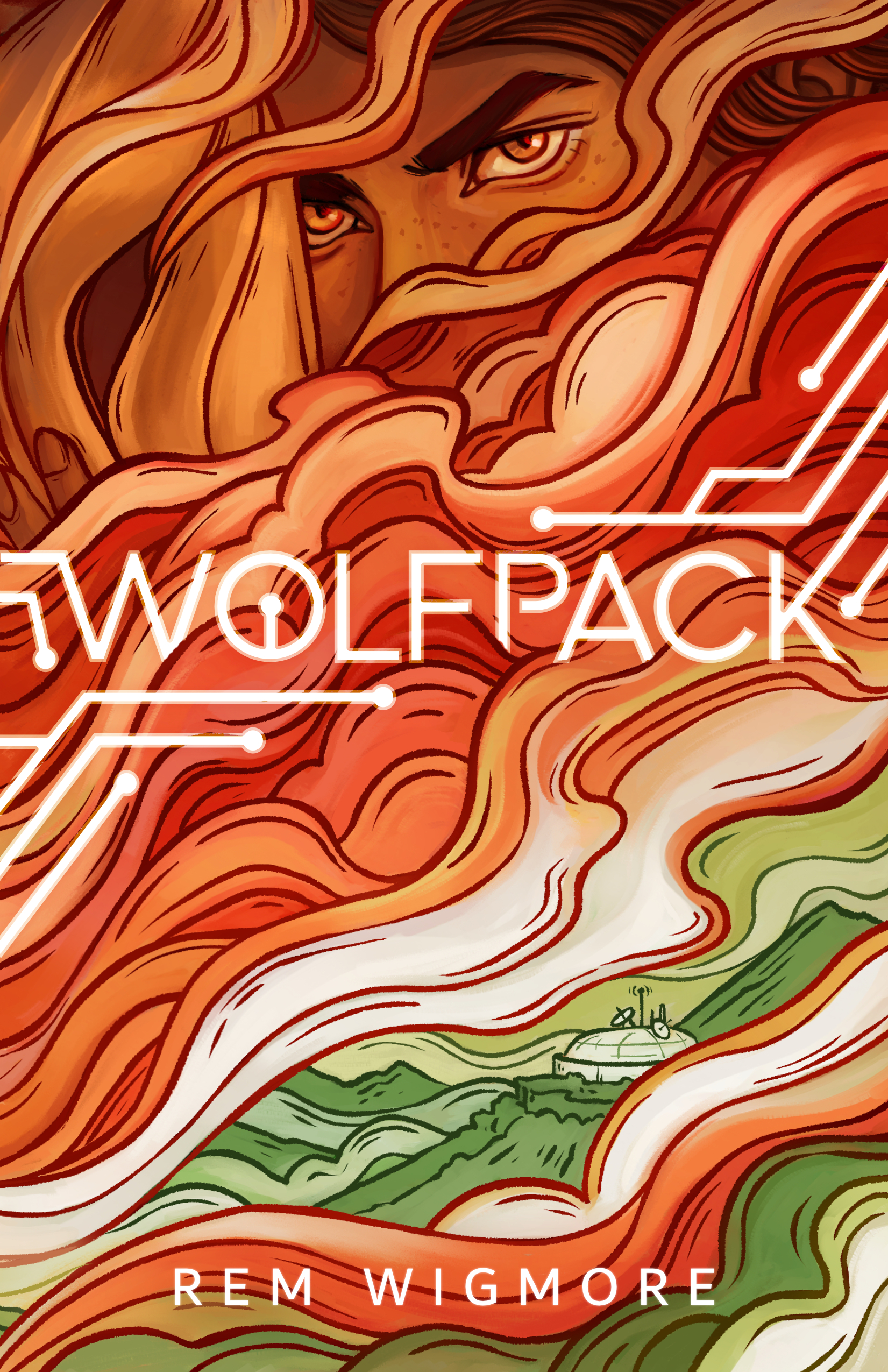 Cover of Wolfpack by Rem Wigmore features a brown-skinned woman holding a fox mask, mostly obscured by billowing smoke. Lower down in the smoke is a white domed building on green mountains